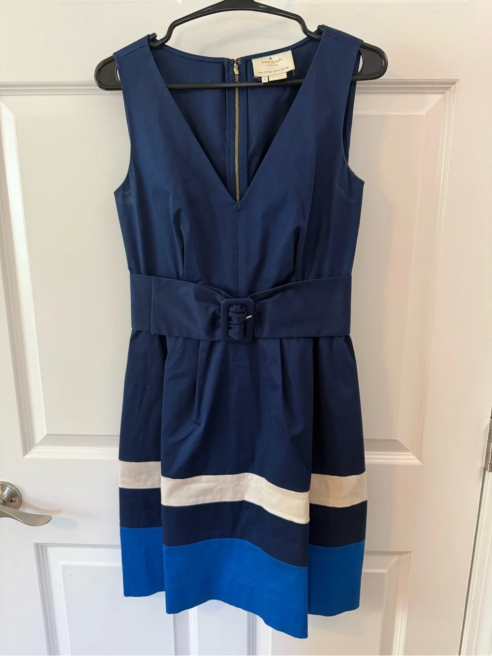 kate spade navy, white & bright blue belted V-neck colorblock midi dress